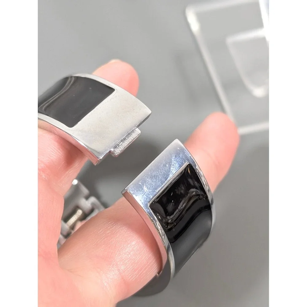 Chico's Black Enamel Watch Silver Tone Hinged Bangle Cuff Statement Working 6.5